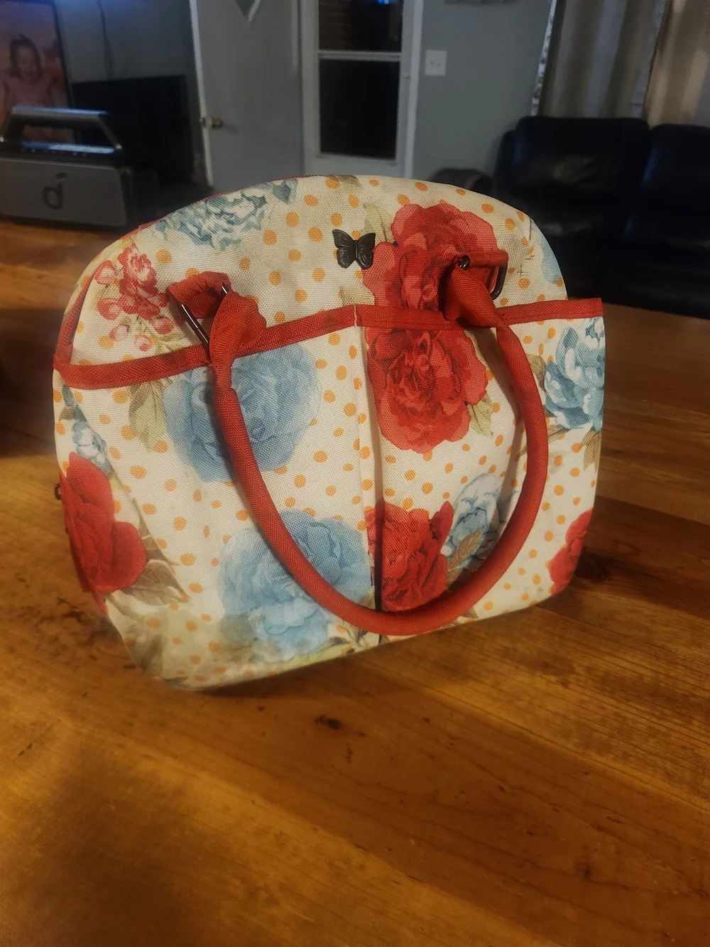 Pioneer Woman Insulated Floral Polka Dot Tote Bag with Red Handles Lunch Bag